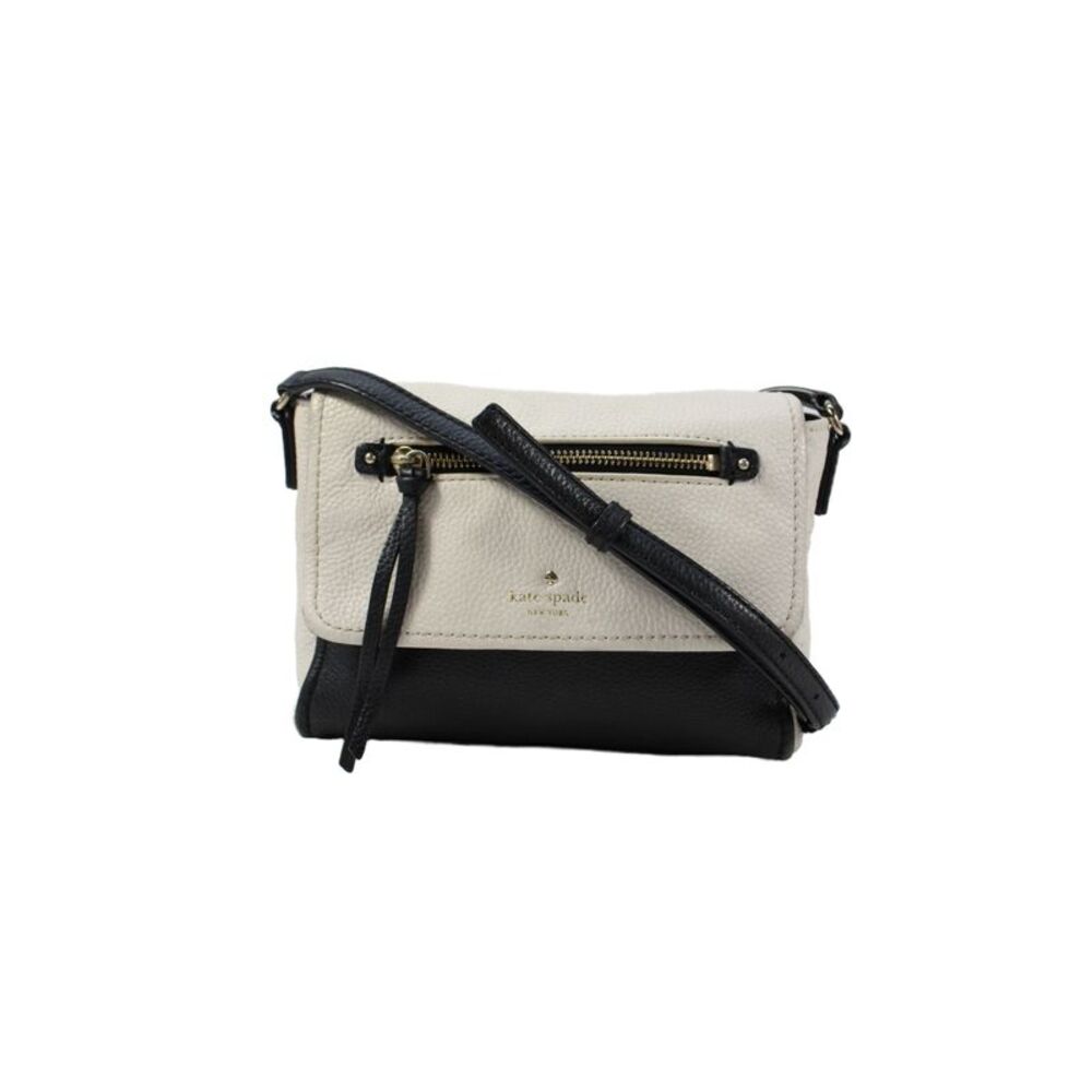Kate Spade New York Womens One Strap Leather Flap Shoulder Handbag White Black